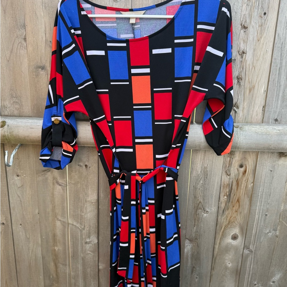 Banana Republic Black Midi Dress with Red, Blue & Orange Blocks